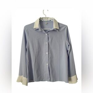 BNWT blue Lavender Pastel Blouse with Pearl Collar & Pleated Cuffs one size (S)